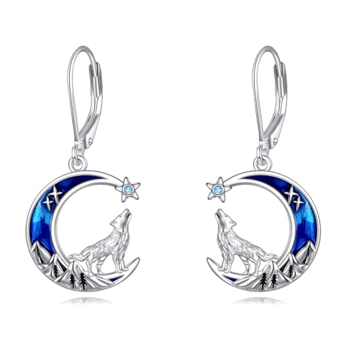 Wolf Ohrringe Geschenke für Damen Mädchen Sterling Silber Abalone Berg Wolf Ohrringe Mond Stern Leverback Ohrringe Schmuck Weihnachtsgeschenke von YAFEINI