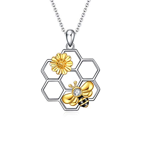 YAFEINI Sonnenblume Kette für Damen Sterling Silber Biene Honigwabe Ketten Sonnenblume Honig Bienenwabe Biene Anhänger Halskette Schmuck Geschenke für Damen (Biene Halskette) von YAFEINI