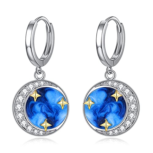Stern Mond Creolen für Damen Sterling Silber Stern Ohrringe Stern Mond Schmuck Geschenke für Frauen Mädchen (Blau Ohrringe) von YAFEINI
