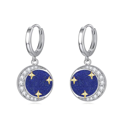 Stern Mond Lapislazuli Creolen für Damen Sterling Silber Lapislazuli Stern Ohrringe Stern Mond Schmuck Geschenke für Frauen Mädchen (Lapislazuli) von YAFEINI