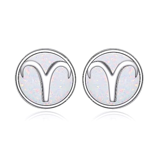 Sternzeichen Widder Ohrringe für Damen Mädchen 925 Sterling Silber Widder Ohrstecker Weißer Opal Sternzeichen Schmuck Geschenk von YAFEINI