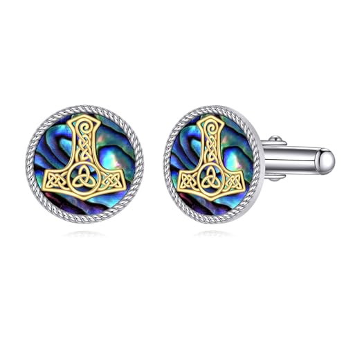 Thors Hammer Manschettenknöpfe Herren 925 Sterling Silber Abalone Muschel Mjölnir Cufflinks for Men Keltischer Wikinger Schmuck Geschenk für Vater Männer Business von YAFEINI