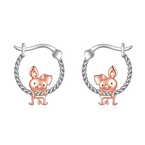 Schwein Creolen für Damen Mädchen 925 Sterling Silber Schwein Ohrringe Huggie Kleine Kreolen Ohrringe Schmuck Muttertags Geschenk für Frauen Kinder (Schwein Ohrringe) von YAFEINI