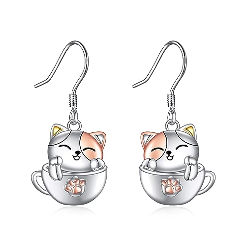 Katze Ohrringe für Damen Mädchen 925 Sterling Silber Tassen Hängend Ohrhänger Katzen Schmuck Geschenk von YAFEINI