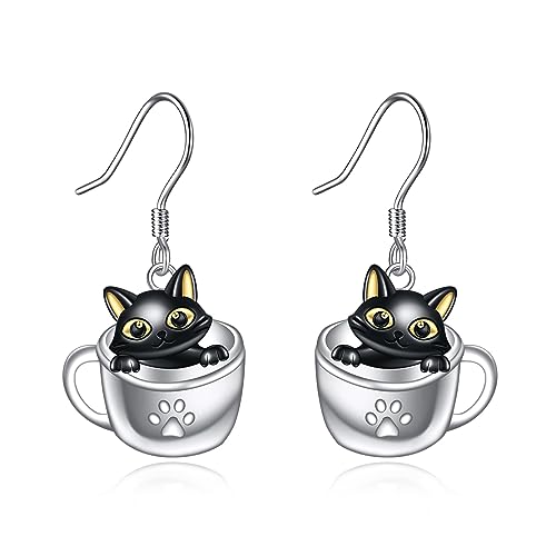 Katze Ohrringe für Damen Mädchen 925 Sterling Silber Tassen Hängend Ohrhänger Schwarze Katze Schmuck Geschenk von YAFEINI