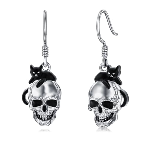 Totenkopf Ohrringe Damen Silber 925 Gothic Ohrringe Schwarze Katzen Ohrhänger Totenkopf Schmuck Geschenke Damen von YAFEINI
