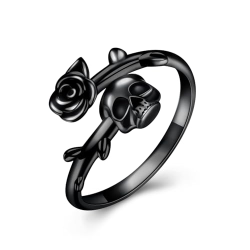 Totenkopf Rosen Verstellbarer Ring 925 Sterling Silber Schwarzer Rosenschädel Gothic Ehering Schmuck Totenkopf Geschenke für Frauen Mädchen von YAFEINI