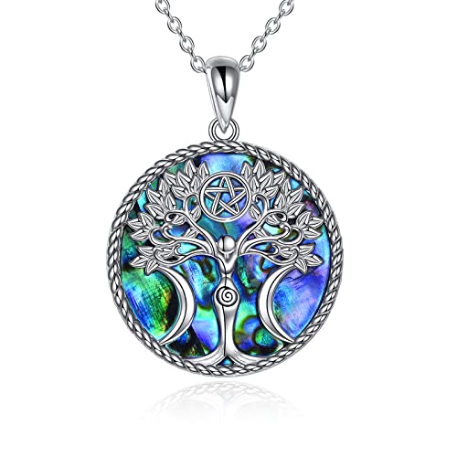 YAFEINI Triple Moon Göttin Halskette 925 Sterling Silber Pentagramm Lebensbaum Kette Anhänger Pagan Wiccan Magic Amulett Schmuck für Damen Herren (Abalone-Muschel) von YAFEINI