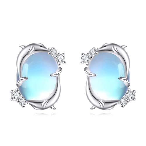 Mondstein Delfin Ohrringe Sterling Silber Springend Doppel Delfin Ohrstecker Schmuck Geschenke für Damen Mädchen von YAFEINI