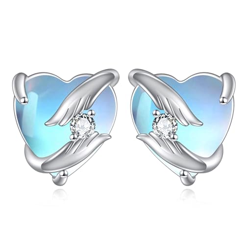 Mondstein Herz Ohrringe Sterling Silber Engel Flügel Ohrstecker Schmuck Geschenke für Damen Mädchen von YAFEINI