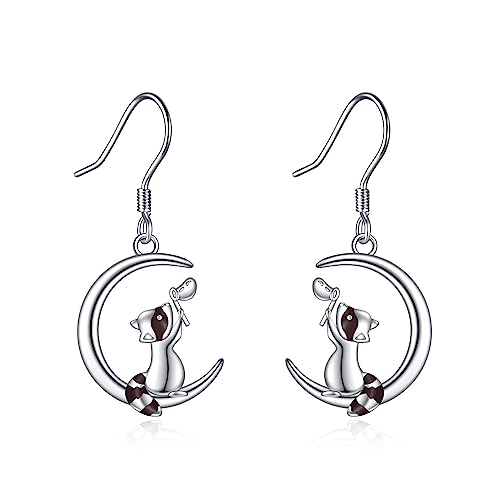 Waschbär Ohrringe 925 Sterling Silber Mond Hängend Ohrhänger Schmuck Waschbär Geschenk für Damen Mädchen von YAFEINI