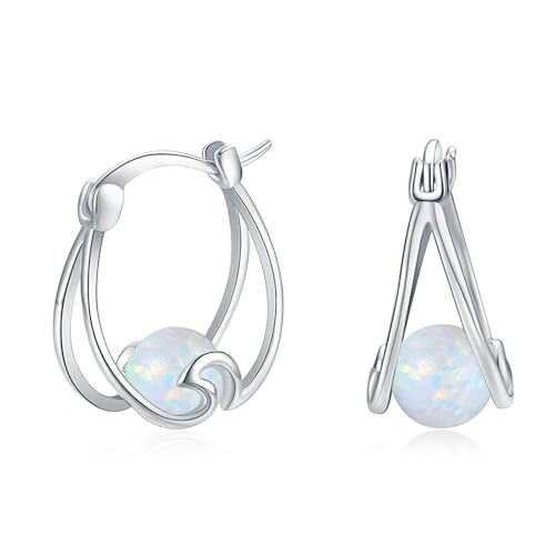 Weißer Opal Creolen für Damen 925 Sterling Silber Huggie Ohrringe Weißer Opal Ohrringe Kreis klappbare Creolen Ohrring Geschenk für Frauen Mädchen (Weißer Opal) von YAFEINI