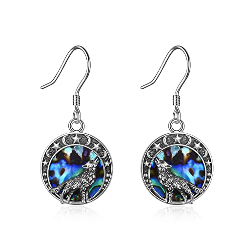 Wolf Ohrringe 925 Sterling Silber - Mond Stern Tropfen Schmuck Geschenke Für Damen Mädchen (Abalone Muschel) von YAFEINI