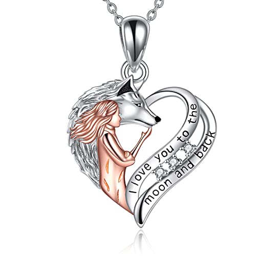 Wolf Schmuck Geschenke Sterling Silber Liebesherz Wolf und Mädchen Anhänger Halskette Ich liebe dich bis zum Mond und zurück Halskette Schmuck für Damen Teenager Freundin (Wolf und Mädchen Halskette) von YAFEINI