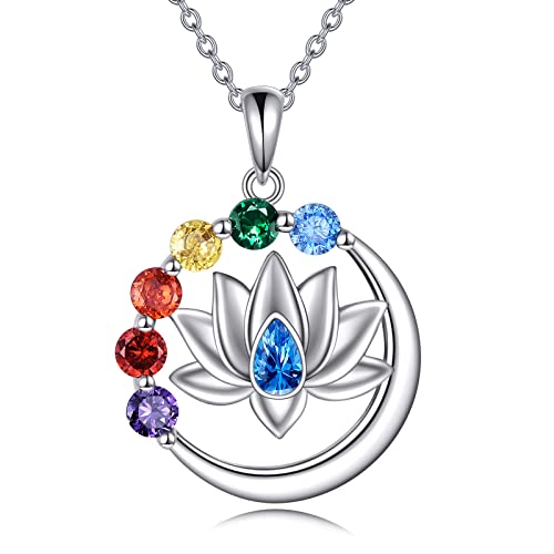 YAFEINI Lotus Halskette Damen 925 Sterling Silber 7 Chakra Anhänger Kette Lotus Yoga Heilende Schmuck Geschenk für Frauen Mädchen (Lotus Halskette) von YAFEINI