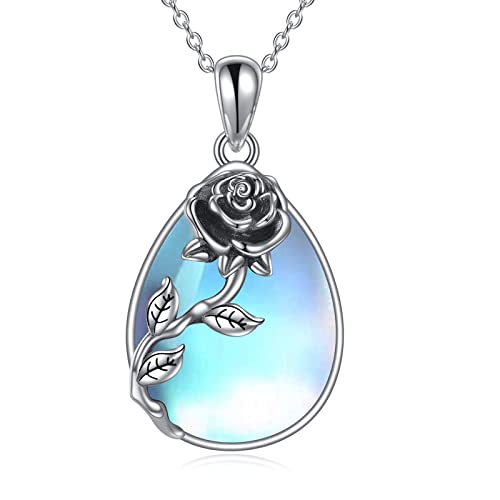 YAFEINI 925 Sterling Silber Rose Blume Mondstein Kette Filigrane Anhänger Mondstein Halskette Träne Schmuck für Damen Mädchen (F-Rose Blume Mondstein) von YAFEINI