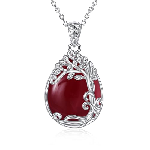 YAFEINI Baum des Lebens Roter Achat Kette 925 Sterling Silber Lebensbaum Anhänger Halskette Schmuck für Damen Mädchen (KK-Baum des Lebens Roter Achat Kette) von YAFEINI