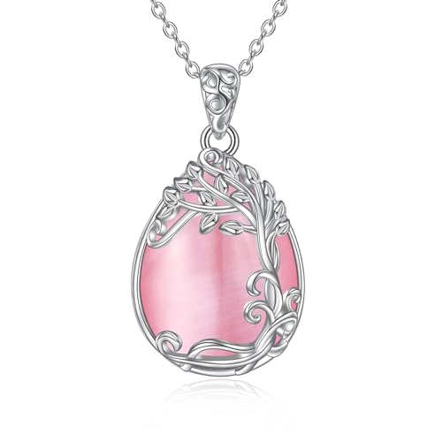 YAFEINI Baum des Lebens Rosa Stein Kette 925 Sterling Silber Lebensbaum Anhänger Halskette Schmuck für Damen Mädchen (PP-Baum des Lebens Rosa Stein Kette) von YAFEINI