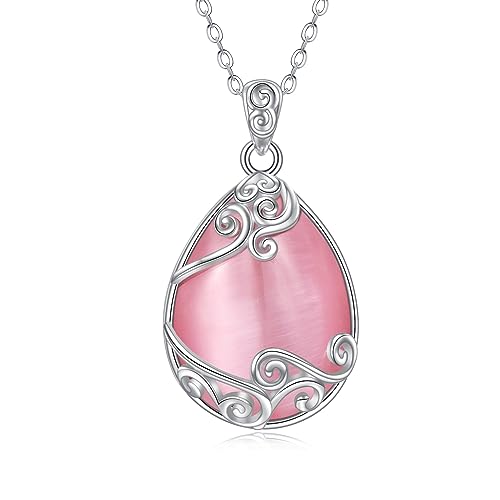 YAFEINI 925 Sterling Silber Rosa Stein Kette Filigrane Anhänger Halskette Rosa Schmuck für Damen Mädchen (U-Rosa Stein Kette) von YAFEINI