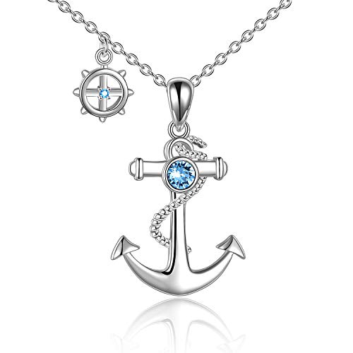 YAFEINI Anker Halskette für Damen Sterling Silber Anker Anhänger Poliert Nautisches Ankerseil Feiner Blauer Ozean Kristall Schmuck für Teens Mädchen von YAFEINI