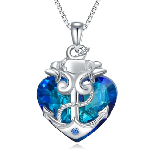 YAFEINI Anker Halskette für Damen 925 Sterling Silber Blau Ozean Herz Nautische Anhänger Kette Kristall Schmuck Weihnachten Geschenk für Mädchen Mutter Tochter (Anker Halskette) von YAFEINI
