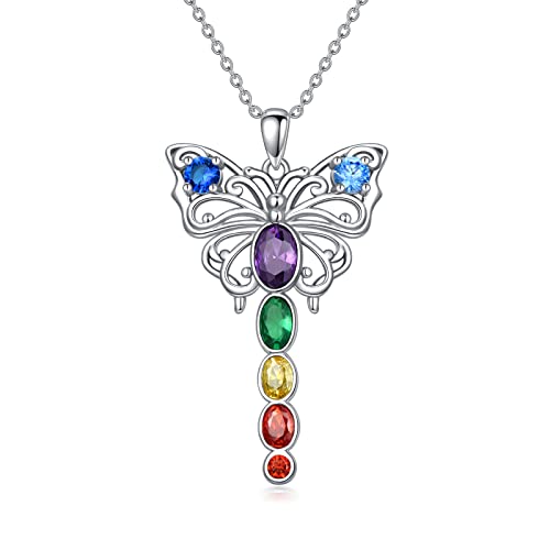 YAFEINI Schmetterling Halskette für Damen 7 Chakra Kette 925 Sterling Silber Yoga Chakra Anhänger Kette Weihnachten Chakra Schmuck Geschenk für Mama Frauen von YAFEINI