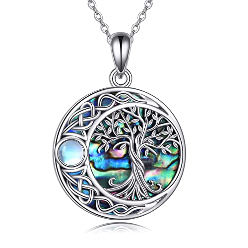 YAFEINI Baum des Lebens Halskette 925 Sterling Silber Keltischer Knoten Abalone Muschel Anhänger Halskette mit Mondstein Stammbaum Schmuck Geschenke für Deman von YAFEINI