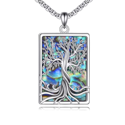 YAFEINI Baum des Lebens Halskette 925 Sterling Silber Lebensbaum Kette Pentagramm Triple Moon Göttin Anhänger Pagan Wiccan Magic Amulett Schmuck für Damen Herren (Rechteckige Lebensbaum Halskette) von YAFEINI