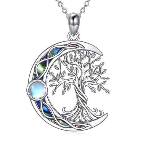 YAFEINI Baum des Lebens Halskette 925 Sterling Silber Mondstein Keltischer Knoten Pentagramm Anhänger Halskette für Damen Schmuck (Baum des Lebens Mond Kette) von YAFEINI