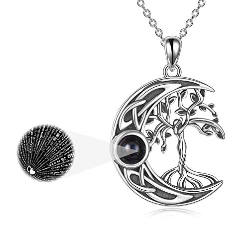 YAFEINI Baum des Lebens Halskette, 925 Sterling Silber Ich Liebe Dich 100 Sprachen Projektion Halskette Baum des Lebens Kette Anhänger Schmuck Geschenke für Frauen von YAFEINI