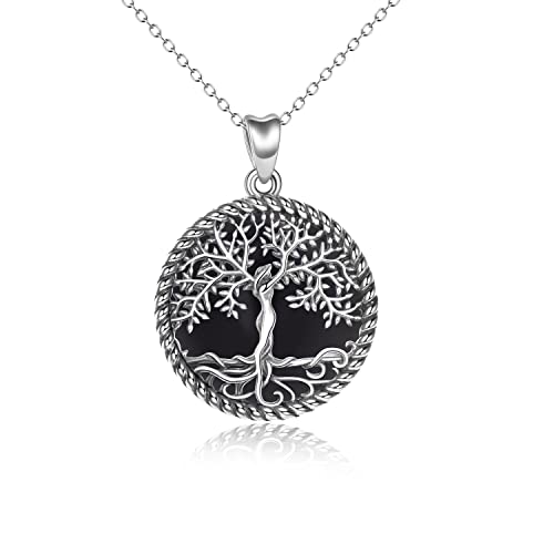 YAFEINI Baum des Lebens Halskette Sterling Silber Schwarzer Onyx Baum des Lebens Anhänger Halskette Stammbaum Schmuck für Frauen Mädchen Geschenke von YAFEINI