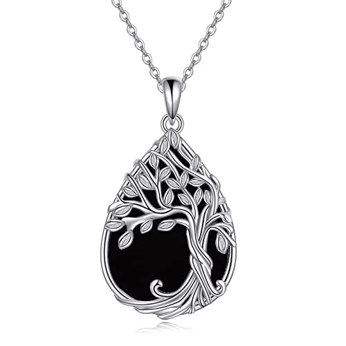 YAFEINI Baum des Lebens Kette Sterling Silber Schwarzer Onyx Anhänger Halskette Baum des Lebens Schmuck Geschenke für Damen von YAFEINI