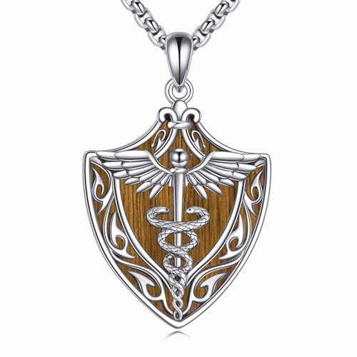 YAFEINI Caduceus Halskette 925er Sterlingsilber Schildstab Engelsflügel Anhänger Talisman Schmuck geschenk für Krankenschwestern Krankenpfleger von YAFEINI
