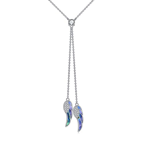 YAFEINI Engelsflügel Y Kette Damen 925 Sterling Silber Schutzengel Anhänger Halskette Abalone Muschel Engelsflügel Schmuck Geschenk von YAFEINI