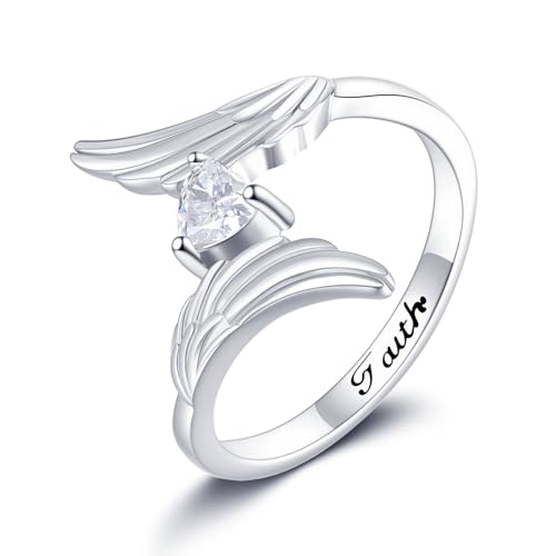 YAFEINI Feder Engel Flügel Ring Damen 925 Sterling Silber Faith Gravur Spiritueller Schmuck Geschenk Für Ehefrau Mutter Geburtstag Weihnachten Valentinstag von YAFEINI