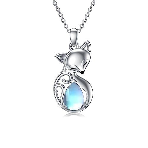 YAFEINI Fuchs Kette für Damen Silber 925 Fuchs Mondstein Anhänger Halskette Regenbogen Mondstein Fuchs Schmuck Weihnachten Geschenke für Mädchen (Fuchs Kette) von YAFEINI