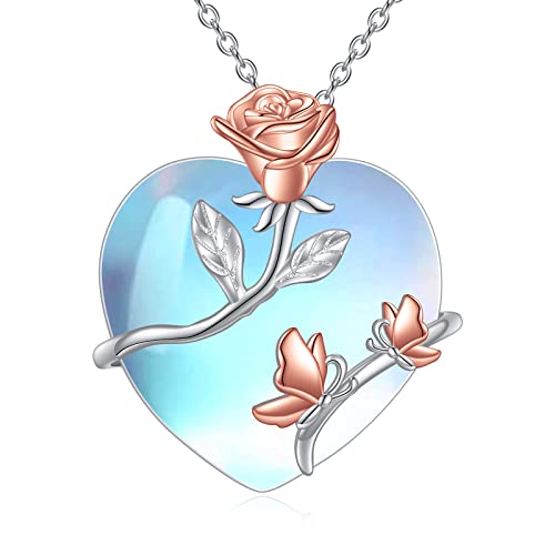 YAFEINI Mondstein Rose Blumen Halskette Sterling Silber Schmetterling Anhänger Halskette Rosenförmige Schmuck Geschenke für Damen Freundin Ihre Mädchen von YAFEINI