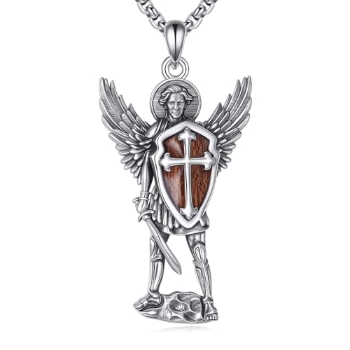 YAFEINI Halskette mit Medaille des Heiligen Michael 925er Sterling Silber Holz Anhänger des Heiligen Michael religiöser Beschützer Schmuck Geschenk für Frauen und Männer von YAFEINI