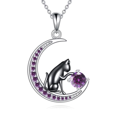 YAFEINI Schwarzer Katze Kette Sterling Silber Geburtsstein Halskette Katzen Schmuck für Damen Herren (June) von YAFEINI