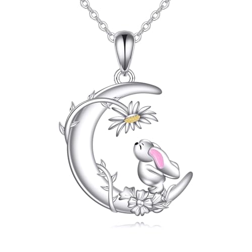 YAFEINI Hasen Kette 925 Sterling Silber Mond Hasen Anhänger Halskette Kaninchen Schmuck Geburtstag Geschenke für Damen Frauen von YAFEINI