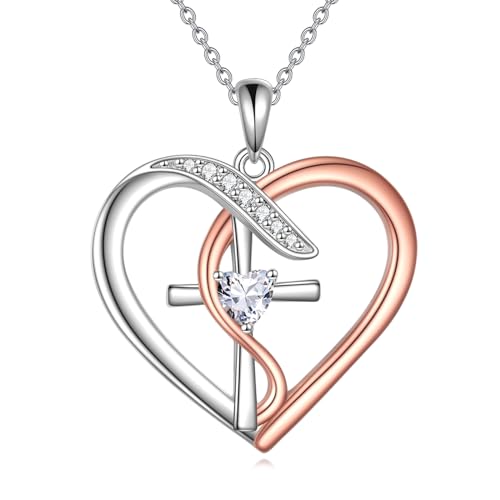 YAFEINI Herz Kreuz Ketten für Damen 925 Silber Kreuz Anhänger Halsketten Zirkonia Kreuz Kette Kristall Schmuck Muttertags Geschenk für Frauen Mama (Roségold) von YAFEINI