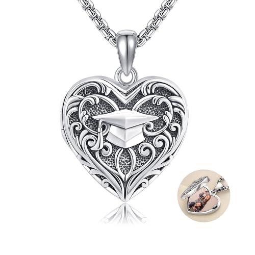 YAFEINI Herz Medaillon Kette Sterling Silber mit Bachelor-Hut, Bild Medaillon Halskette Abschluss Schmuck Geschenke für Frauen und Männer von YAFEINI