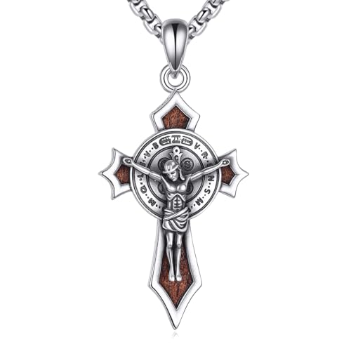 YAFEINI Jesus Crucifix Cross Necklace 925 Sterling Silver Sword Pendant Wood Inlay Stainless Steel Chain Religious Christian Jewelry Gift For Men von YAFEINI