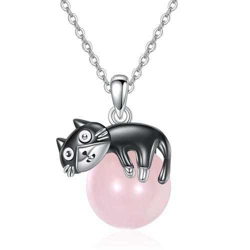 YAFEINI Katze Anhänger Halskette 925 Sterling Silber schwarze Katze Halskette mit Rose Quarz Katze Schmuck Geschenke für Frauen von YAFEINI