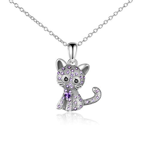 YAFEINI Katze Halsketten 925 Sterling Silber Süße Katze Anhänger Kette Zirkonia Katzen Schmuck Geschenke für Damen Mädchen Tochter (Lila Katzen Kette) von YAFEINI