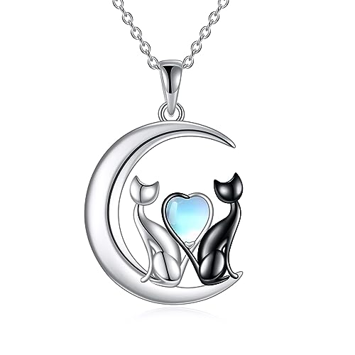 YAFEINI Katze Kette für Damen 925 Sterling Silber Mond Katze Anhänger Halskette für Mädchen Mondstein Katze Schmuck Geschenk (Katze) von YAFEINI