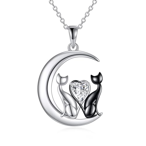 YAFEINI Katzen Kette für Damen 925er Sterling Silber Mond Katzen Anhänger für Mädchen Katzen Schmuck Geschenke von YAFEINI