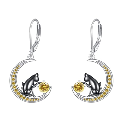 YAFEINI Katzen Ohrringe 925 Sterling Silber Geburtsstein Ohrringe Katzen Schmuck für Damen (November) von YAFEINI