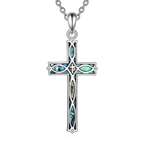 YAFEINI Keltisch Kreuz Kette 925 Sterling Silber Abalone Muschel Keltischer Knoten Anhänger Kreuz Schmuck Geschenke für Damen Herren (Abalone Muschel Keltisch Kreuz Kette 3) von YAFEINI