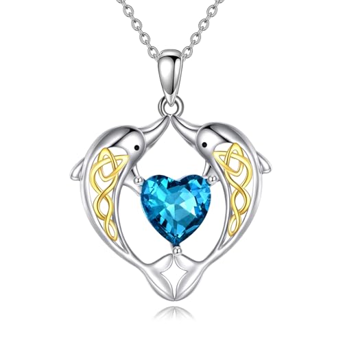 YAFEINI Keltischer Delfin Kette für Damen 925 Sterling Silber Delfin Kristall Anhänger Halskette Keltischer Knoten Schmuck Weihnachten Geschenke für sie Mama Frau Freunde von YAFEINI